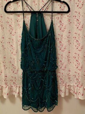 NWOT ANGIE Teal Green Beaded Embellished Romper w/ Racerback/Keyhole Back- Small